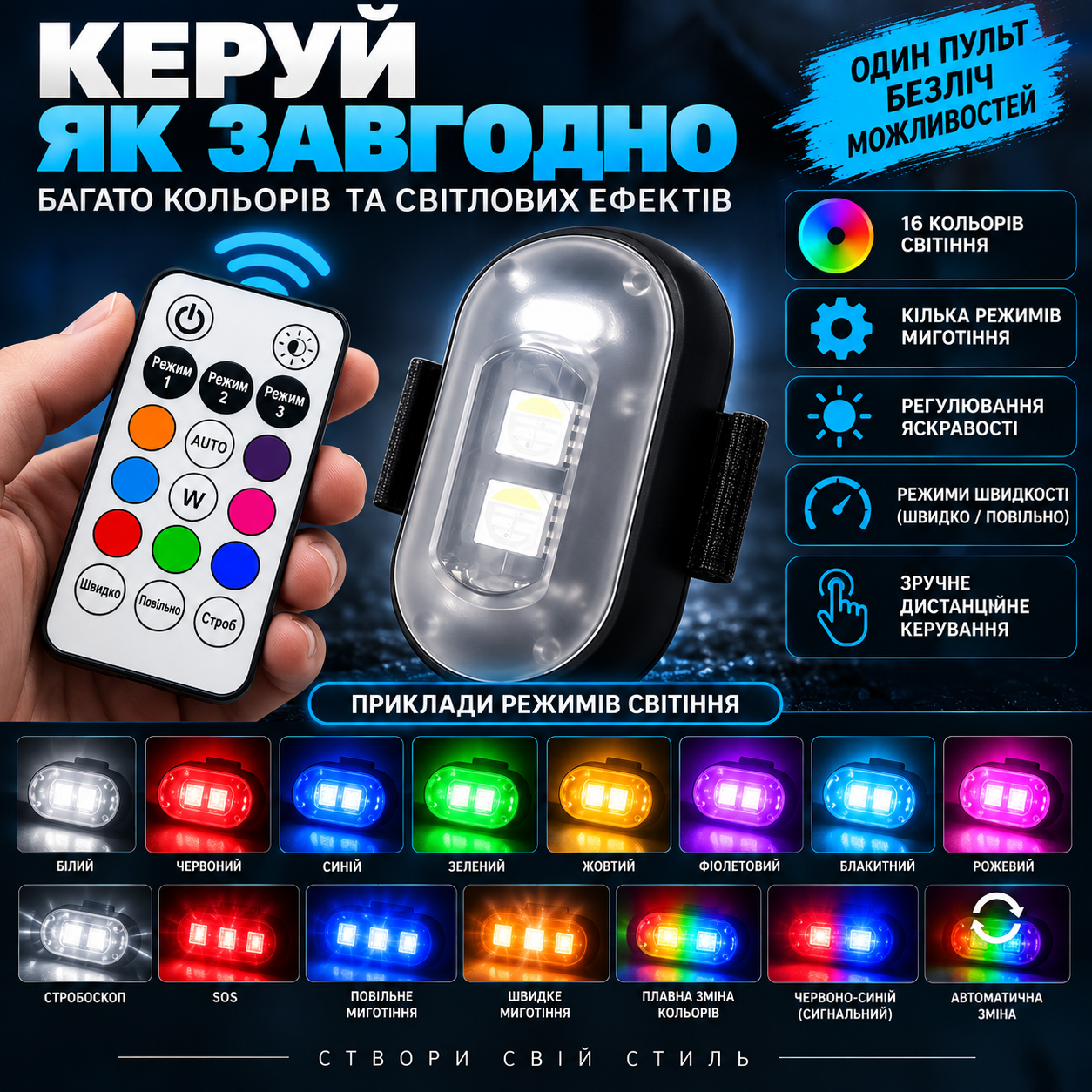 Пульт і режими LED ліхтаря